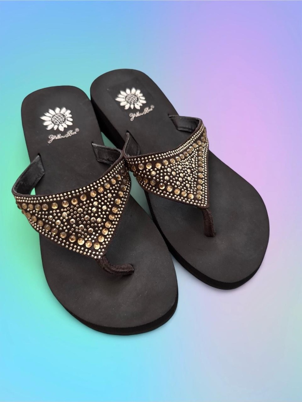 Rhinestone Genuine Leather Women's Thong Sandals- Y2K Yellow Box